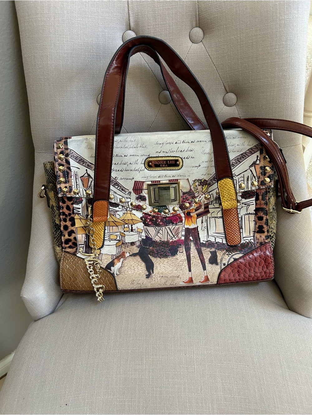 Nicole Lee Multicolor Printed Satchel with Brown Handles